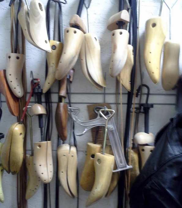 Shoe forms and stretchers located in the shoe workshop.
